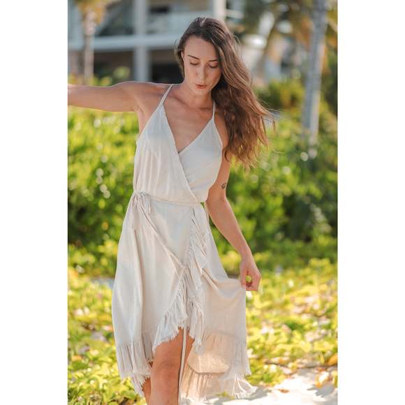 Resort Midi Wrap Dress by T. ZOVICH Linen Sleeveless Beige Raw Hem Ecofriendly - Picture 4 of 16